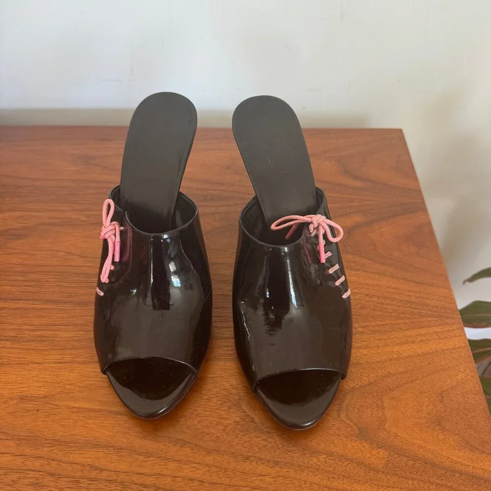 Gucci Heels Black Patent Leather Pink Lace Up Pink Y2K Open Toe Mules 38.5 - Picture 6 of 8